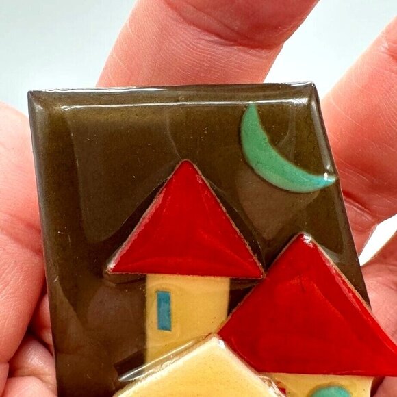 House Pins by Lucinda Mixed Media Resin 2" Pin Brown Red Blue Houses Green Moon - Picture 3 of 7